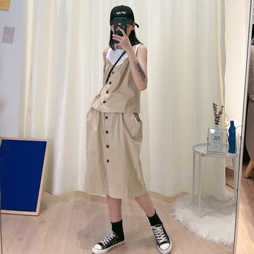 套裝 無袖套頭撞色上衣+ 排釦鬆緊腰中長裙 (卡其 黑 ) 12060013
