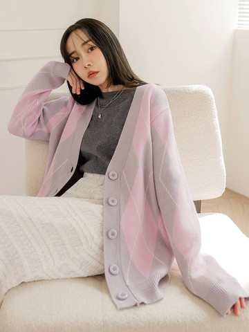 菱格拼色V領開襟針織外套