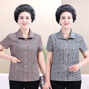 中老年媽媽夏裝短袖襯衫女加大碼上衣老太太套裝休閑奶奶衣服薄款