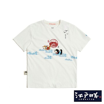 江戶勝 男裝 加大碼 勝太郎與黑丸一起游泳短袖T恤-米白色