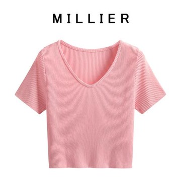 V領純色冰絲薄款針織短袖女夏季高腰短款修身T恤衫簡約百搭上衣潮