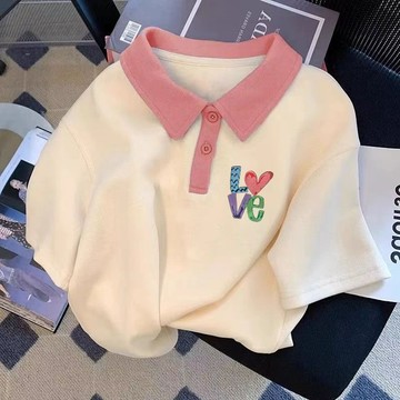 Healthy baby 女童拼色T恤夏裝打底衫新款中大童時髦polo短袖翻領上衣ins 女童短袖  女童POLO領短袖