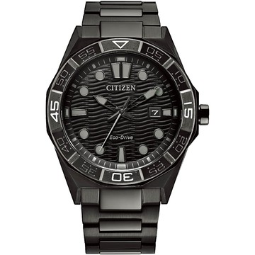 CITIZEN 星辰 光動能潛水風海洋波紋時尚腕錶/全黑/42mm/AW1855-52E