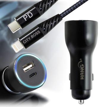 HANG 41W藍光顯示Type-C PD+QC4.0智能車充+高強度抗彎折鋁合金PD 60W C to Lightning線 1.5米