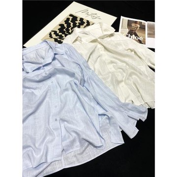 CCA自制小眾設計師款側開叉純色棉麻防曬長袖襯衫中長款大版襯衣