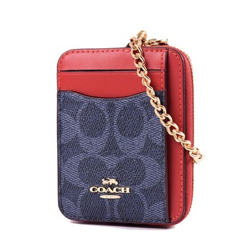 COACH 緹花LOGO鍊帶證件零錢包-單寧藍紅