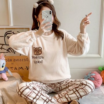 睡衣女冬珊瑚絨加厚保暖秋冬季韓版學生可愛長袖法蘭絨家居服套裝