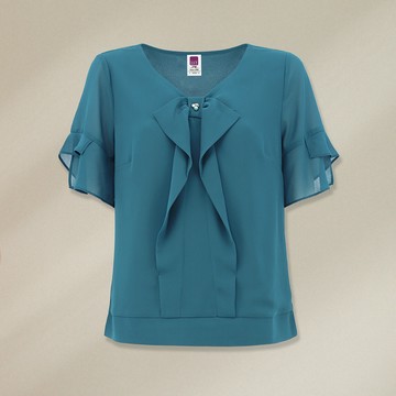 ILEY伊蕾 都會優雅蝴蝶結荷葉雪紡上衣(深藍色；M-XL)1232061149