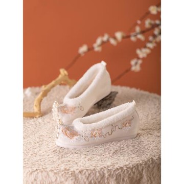 舞繡緣原創漢服棉鞋內增高古風刺繡配古裝的鞋翹頭珍珠繡花鞋加絨