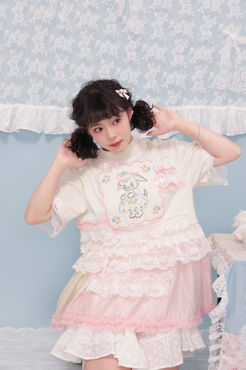 古著少女 remake手絹小狗蕾絲蛋糕短袖T恤