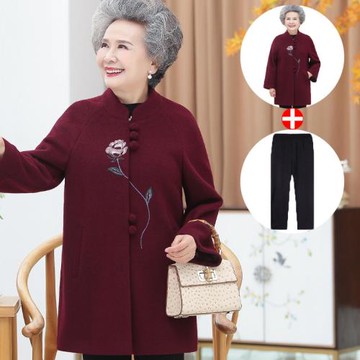 老年人春裝外套女寬松大碼胖太太洋氣奶奶毛呢上衣60歲70老人衣服