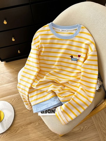 45.0-150.0kg大碼女裝 休閒刺繡 寬鬆撞色 圓領百搭 長袖T卹 條紋假兩件 甜美清新上衣 圓領長袖