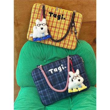 tagi哈兜編織小枕頭充棉刺繡手提單肩防摔防震電腦包筆記本包格子