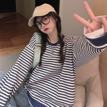 M-XL實拍美式風假兩件條紋圓領長袖T恤 寬鬆薄款休閒棉T 中尺碼-凱西娃娃