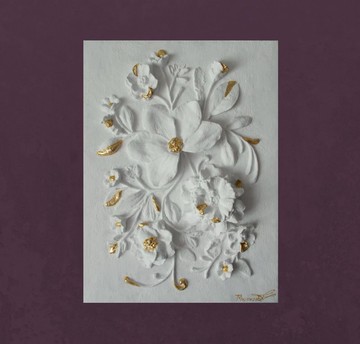 雕塑牆藝術白色淺浮雕石膏面板花 3d 石膏浮雕植物浮雕金箔藝術現