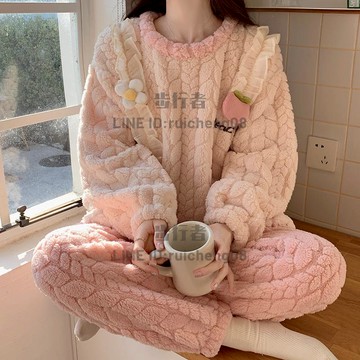 珊瑚絨睡衣女秋冬季新款加厚加絨套裝甜美水蜜桃保暖法蘭絨家居服【步行者戶外生活館】