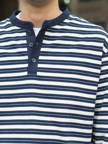 T-Shirt 亨利領條紋長袖 日系潮流海軍藍休閒純棉Tee恤cityboy