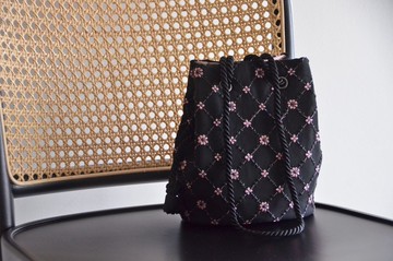 數量限定！ 網紗刺繡小花 2way 側背包 水手包 蘭花粉×黑 迷你肩背包