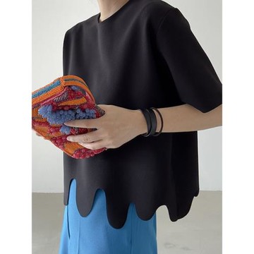 韓國chic夏季小眾設計感圓領不規則波浪花紋寬松百搭短袖T恤上衣