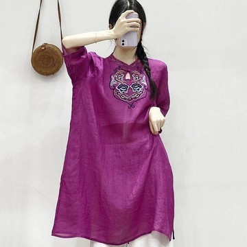 LUYU💗低價下殺💗新中式棉麻女裝新款棉麻連衣裙民族風夏季重工刺繡輕薄中長款裙子