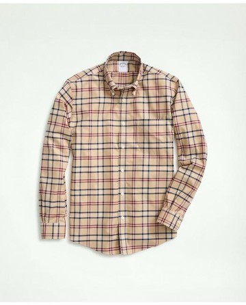 Brooks Brothers Men's Stretch Supima Cotton Non-Iron Twill Polo Button Down Collar, Tartan Shirt | Khaki | Size 2XL