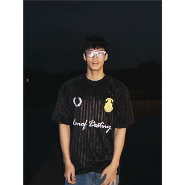 25s夏季美式暗紋拼接球衣運動短袖男潮百搭休閑寬松設計感圓領T恤