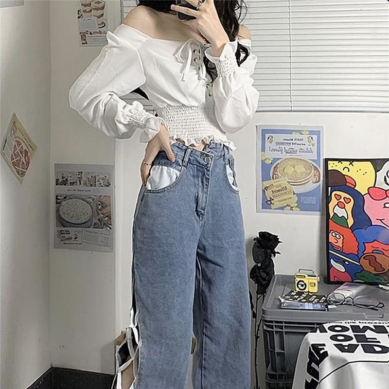 [韓国] ハイウエスト デニム ラウンドカット スリット 全4color サイドスリット ストラップ デニム ハイウエスト ストレート