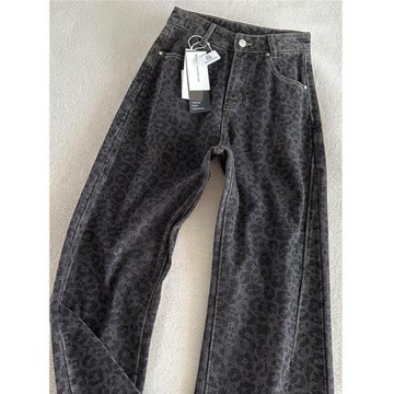 175高個子加長180美式復古辣妹豹紋牛仔褲女設計感高腰直筒拖地褲