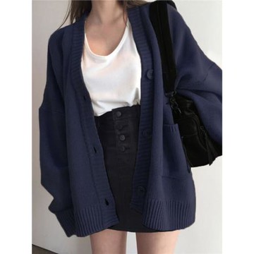 秋裝外搭上衣藏青色針織開衫寬松外穿卡其色慵懶風黑色毛衣外套女