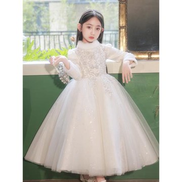 高端兒童晚禮服裙冬季加厚款女孩花童婚紗公主裙小主持人鋼琴表演