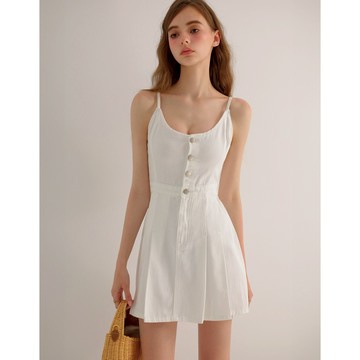 AIR SPACE 前打褶金屬釦細肩帶牛仔短洋裝(白/淺藍) 女裝 現貨