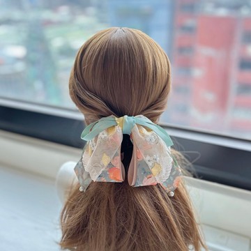 獨家蕾絲蝴蝶結鯊魚夾相交夾馬尾夾髮夾髮飾-卡其橘黃色