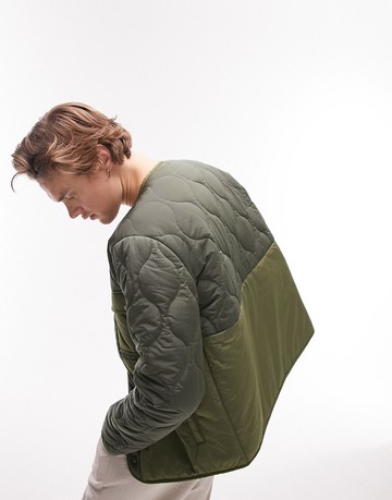 Topman liner jacket with mixed fabric in khaki-Green