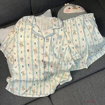 藍色小熊睡衣女夏季雲朵棉短袖短褲兩件套學生卡通可愛少女家居服卡通睡衣家居服居家服甜美睡衣可愛睡衣