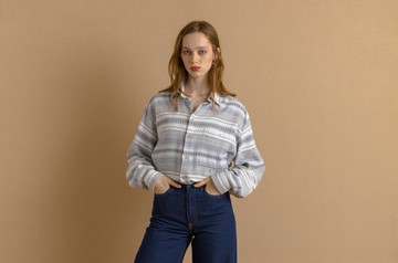 純棉阿茲特克抽象圖騰男女皆宜織物男款小尺碼長袖襯衫 7458