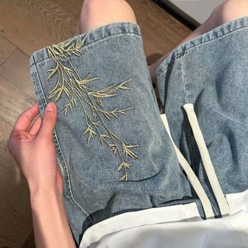 水洗刺繡牛仔短褲男夏季薄款中褲美式街頭百搭寬鬆直筒運動五分褲