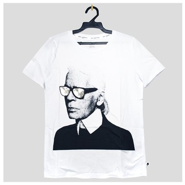 KARL LAGERFELD 亮片墨鏡卡爾肖像圖案棉質短T(白)