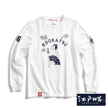 江戶勝 男裝 忍者系列 浮世繪印花江戶仕紳長袖T恤-米白色