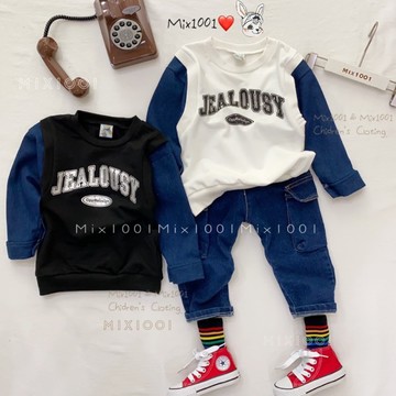 🌈✨運動風 造型假兩件拼接牛仔袖上衣5-17