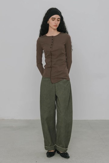 法式復古 紐扣長袖針織T恤 緊身上衣