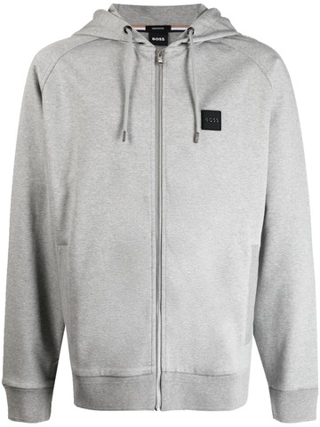 BOSS - logo-patch drawstring hoodie - men - Cotton/Polyester - M - Grey