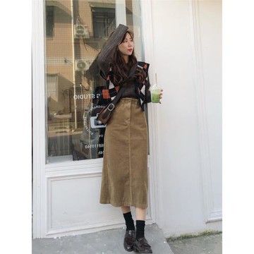 卡其色燈芯絨半身裙女秋冬高腰a字中長款復古小個子半裙加厚冬季