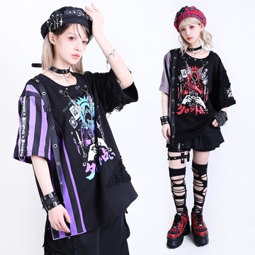 原創視覺系禁忌啟示錄塔羅牌十字架項鍊拚色中性短袖T恤【JJ2530