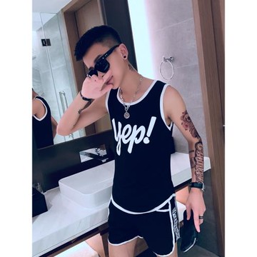 網紅同款套裝男夏季快手紅人短褲背心精神小伙社會人修身短袖一套