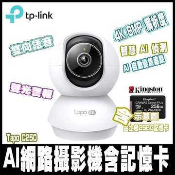 TP-Link Tapo C250 4K 800萬畫素 AI偵測 360旋轉 Wi-Fi監視器 IPCAM含256GB記憶卡
