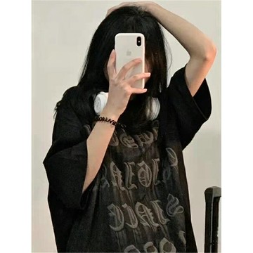 美式復古黑色短袖t恤女夏季寬松ins潮hiphop設計感小眾純棉上衣服