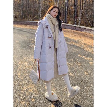 牛角扣紫色羽絨服女2025冬季新款炸街中長款收腰加厚白鴨絨外套潮