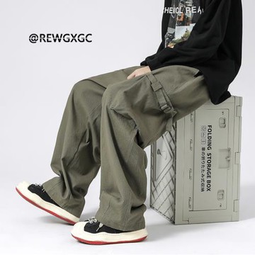 大口袋工裝褲男春秋美式復古oversize褲子直筒寬松闊腿褲休閑長褲