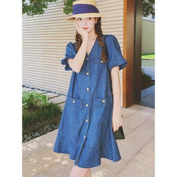 夏季女裝2024年新款牛仔連衣裙小個子梨形身材遮肚子顯瘦直筒裙子