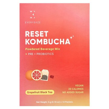 Everydaze, 重置康普茶，能量混合飲品粉，葡萄柚紅茶，10 包，每包 0.18 盎司（5 克）
